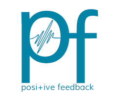 Positive Feedback official logo, featuring stylized lowercase 'pf' with a waveform inside the letter 'o'. 